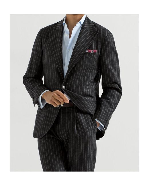 Brunello Cucinelli Black Virgin Wool And Cashmere Chalk Stripe Flannel Deconstructed Blazer With Large Peak Lapels And Metal Buttons for men
