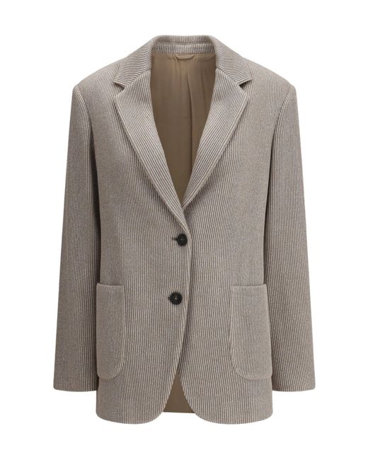 Brunello Cucinelli Brown Embellished English Rib Knit Blazer