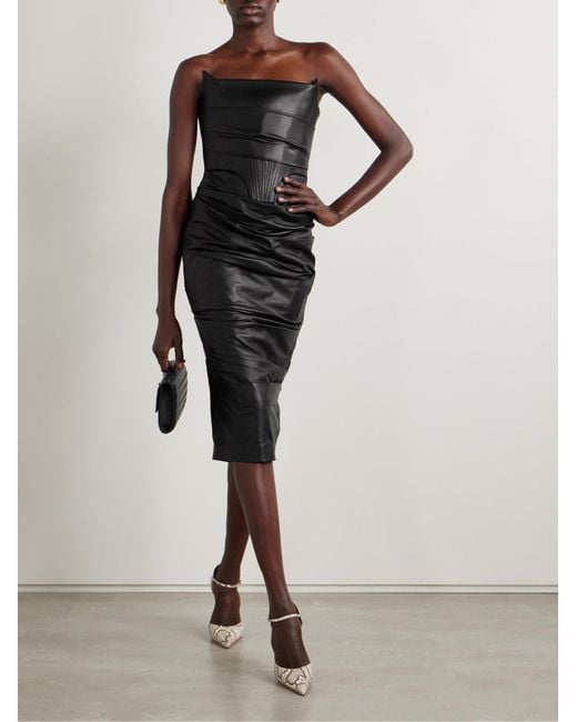 Alex Perry Black Strapless Ruched Leather Dress