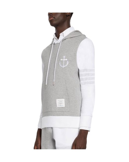 Thom Browne White Anchor Embroidered Drawstring Hoodie for men