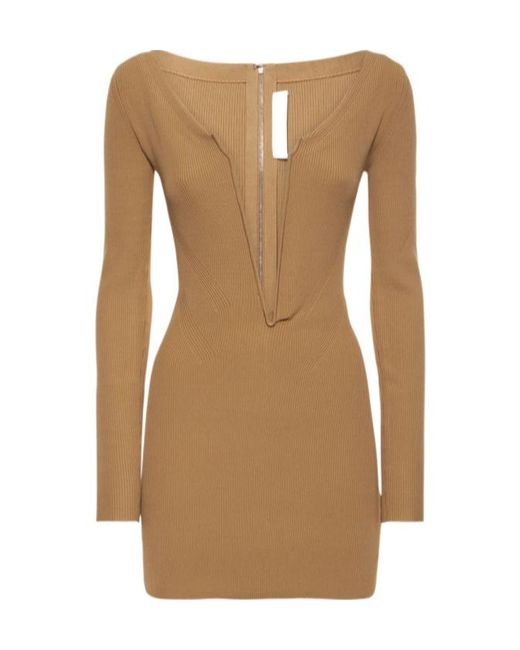 Dion Lee Brown Deep V-Neck Rib Knit Mini Dress