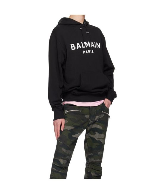 Balmain Black Logo Printed Drawstring Hoodie for men