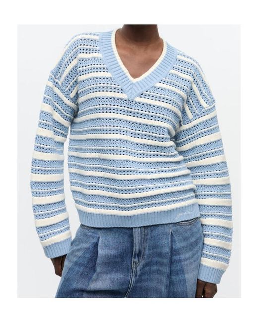 Ganni Blue Striped Cotton V-Neck Jumper