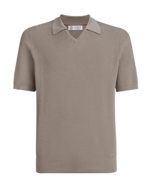 Brunello Cucinelli Gray Fine-Knitted Ribbed Polo Shirt for men