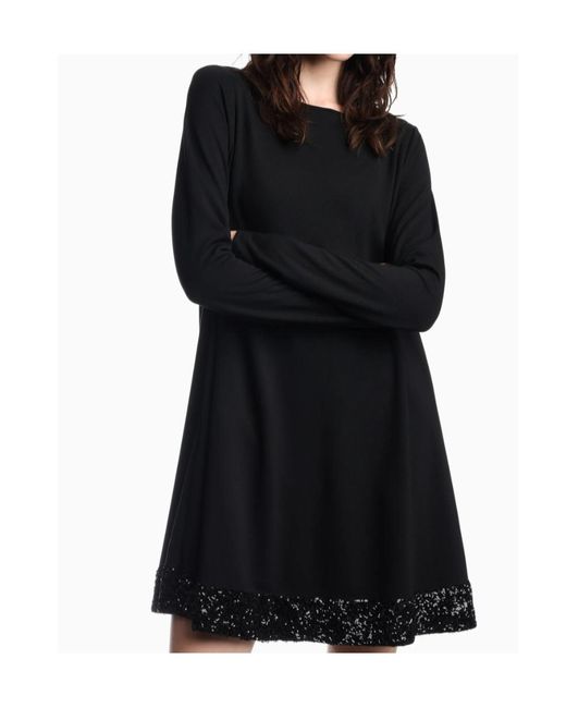 Emporio Armani Black Short A-Line Dress With Boat Neck And Sequin Trim