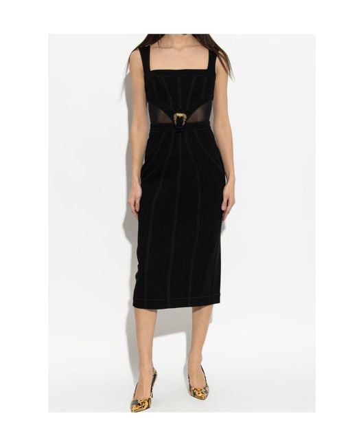 Versace Jeans Black Couture Logo Buckle Fastened Denim Midi Dress