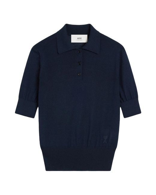 AMI Blue Ami De Coeur Fine Knit Polo Top