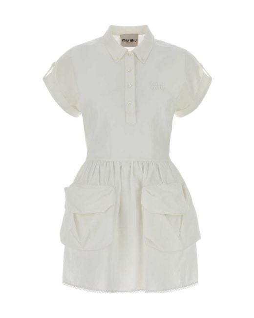 Miu Miu White Short-Sleeved Pocket-Detailed Dress