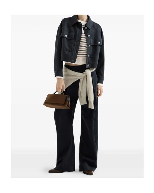 Brunello Cucinelli Blue Virgin Wool Crêpe Chevron Tailored Barrel Trousers With Monili