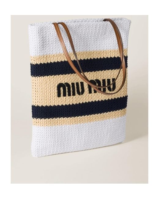 Miu Miu White Raffia-Effect Woven Tote Bag