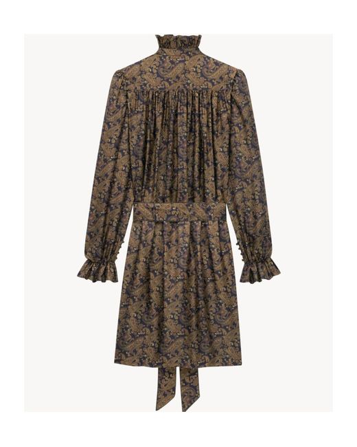 Saint Laurent Natural Paisley Belted Long-Sleeved Dress
