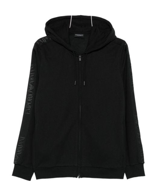 Emporio Armani Black Logo-Tape Hooded Zip-Up Hoodie for men