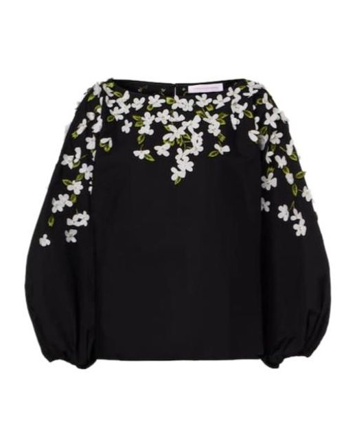 Carolina Herrera Black Floral-Appliqué Cotton-Blend Top