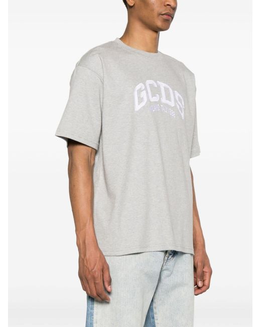 Gcds Gray Logo Embroidered Crewneck T-Shirt for men