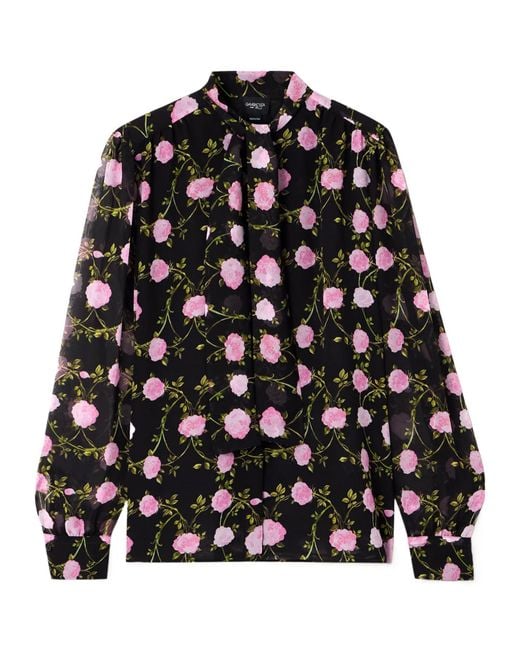 Giambattista Valli Black Pussy-Bow Floral-Print Silk-Chiffon Blouse