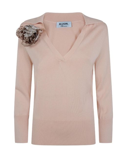 Blugirl Blumarine Pink Floral-Appliqué V-Neck Sweater