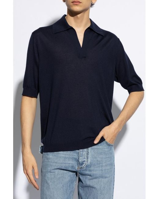Bottega Veneta Blue Short-Sleeved Knitted Polo Top for men