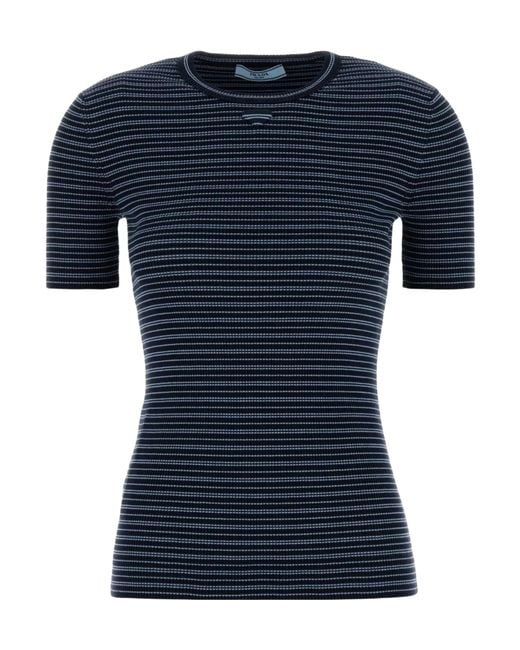 Prada Blue Crewneck Striped Ribbed T-Shirt