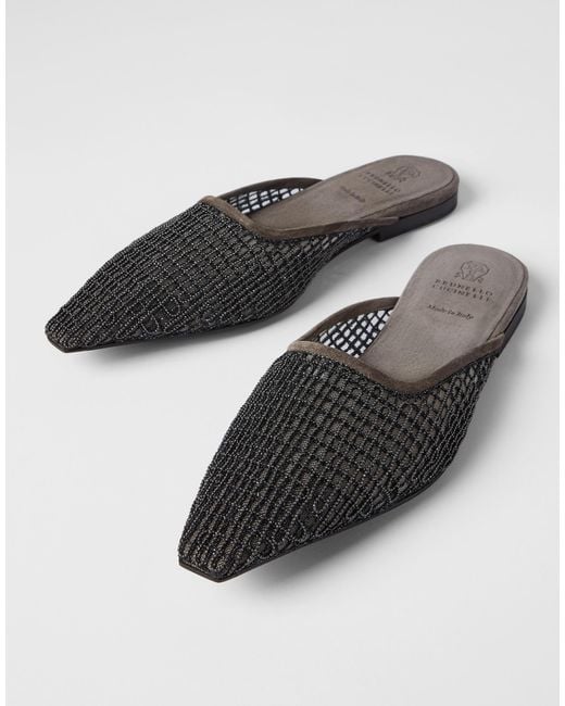 Brunello Cucinelli Brown Square Toe Net-Embroidery Mules