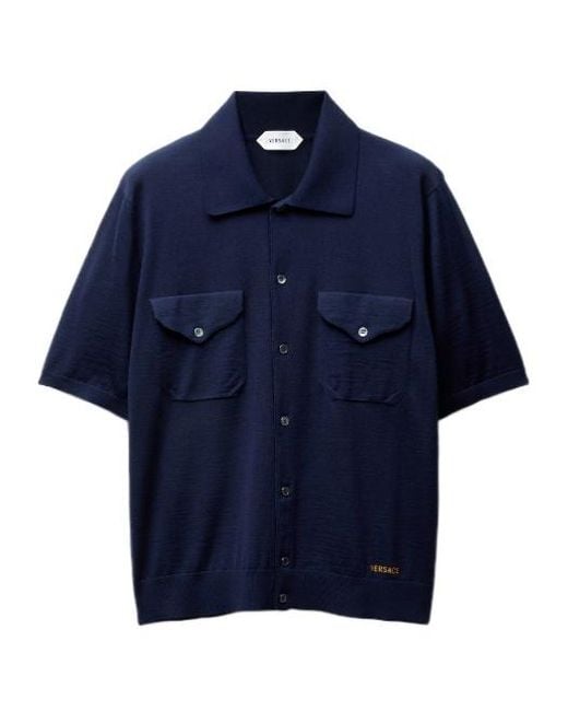 Versace Blue Embroidered Wool Knit Shirt for men