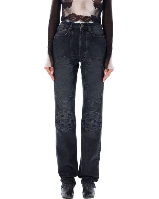 Jean Paul Gaultier Blue High-Waist Bonded Jeans With Embroidered Patches