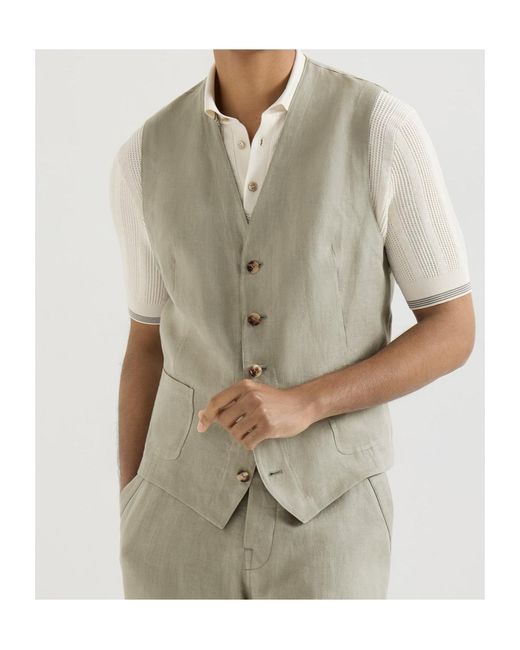 Brunello Cucinelli Gray Linen Micro Chevron Waistcoat for men