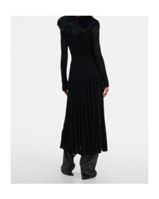 Blumarine Black Shearling-Trimmed Striped Maxi Dress