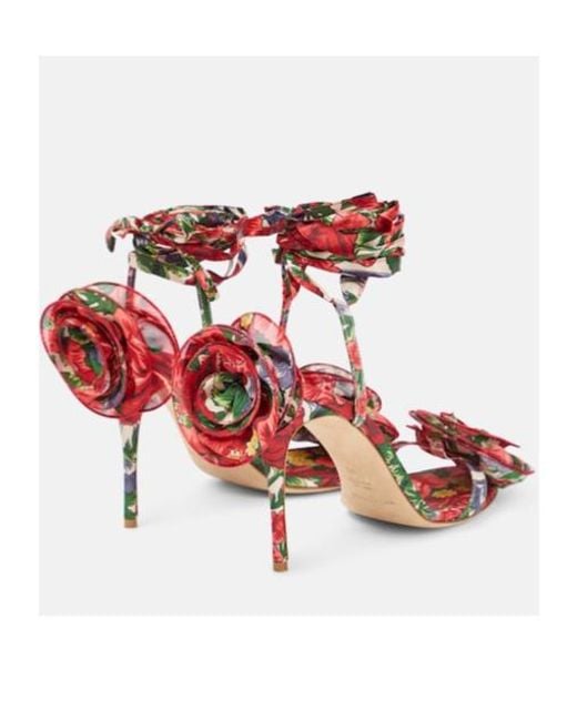 Magda Butrym Red Floral-Appliqué Satin Slingback Sandals