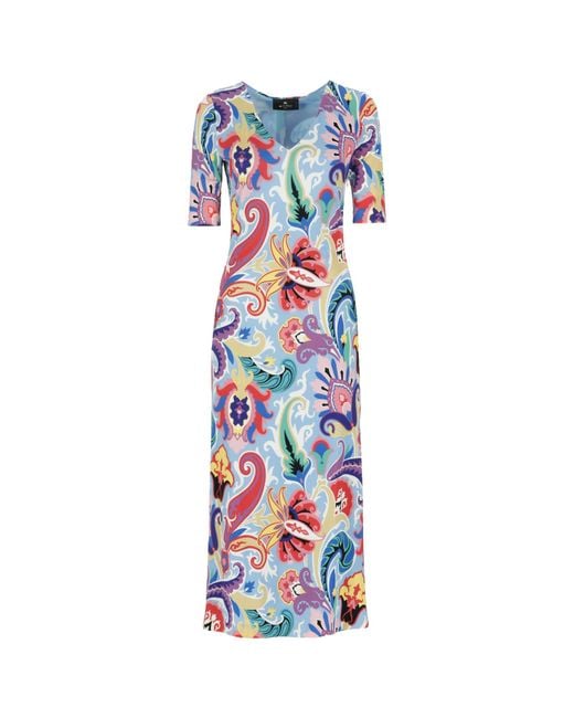 Etro White Paisley V-Neck Midi Dresse