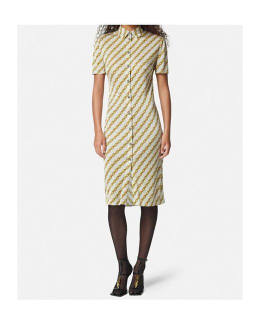 Versace Metallic Chain-Printed Button-Up Midi Dress