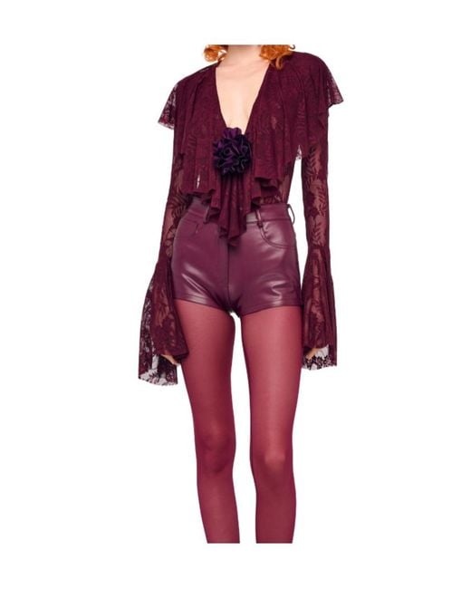 Norma Kamali Purple Long Sleeve Deep V Ruffle Bodysuit