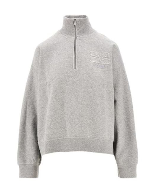 Ganni Gray Half-Zip Logo Detailed Sweatshirt
