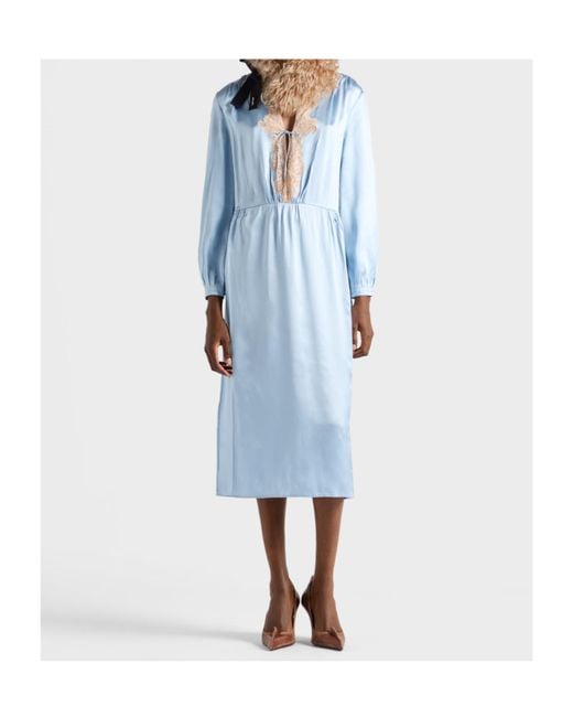 Prada Blue Long-Sleeved Satin Crepe And Lace Dress
