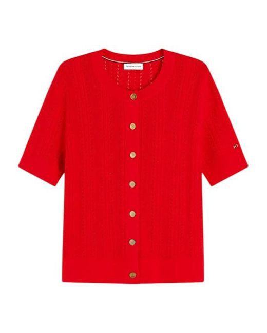 Tommy Hilfiger Red Cable-Knit Short-Sleeve Cardigan
