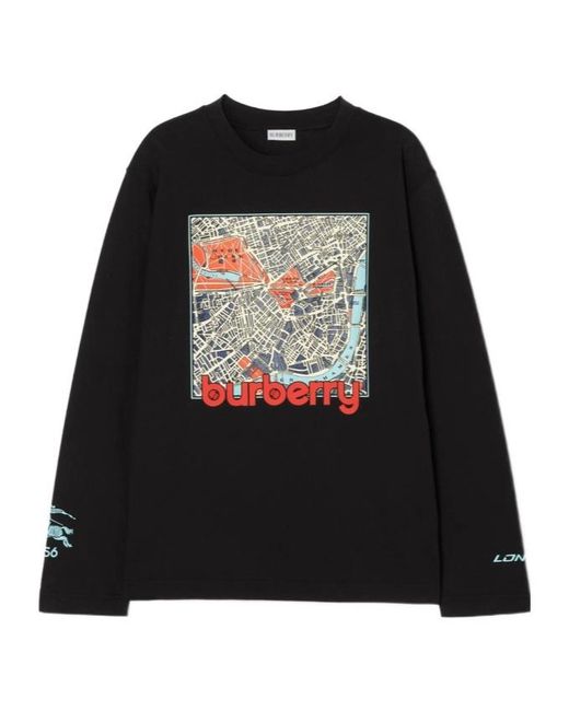 Burberry Black Long-Sleeve London Map Cotton T-Shirt for men