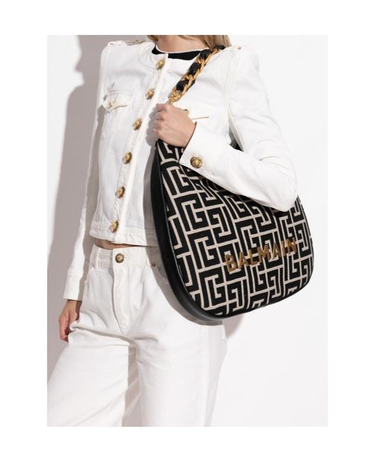 Balmain Black 1945 Soft Hobo Large Monogrammed Jacquard Tote Bag