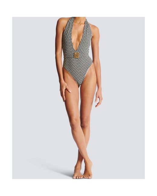 Balmain Black Pb Labyrinth-Print Swimsuit