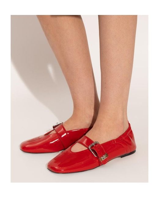 Ganni Red Buckled Ballet Flats