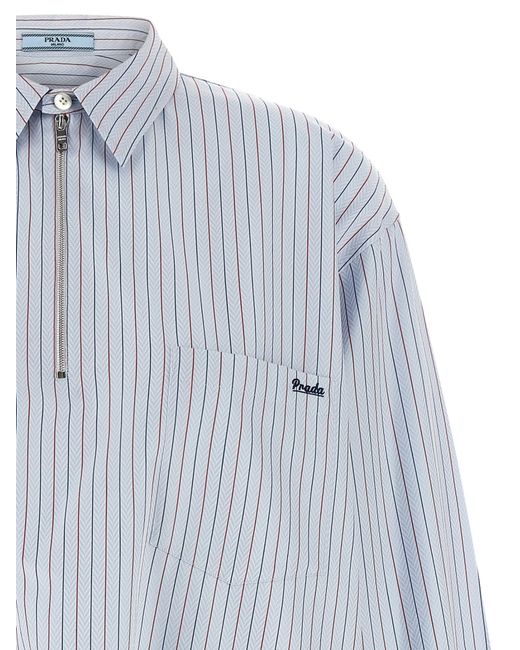Prada Blue Logo-Embroidered Striped Shirt