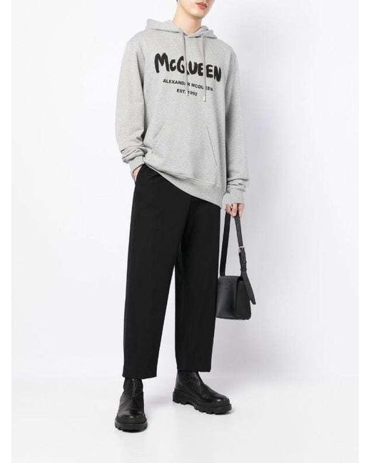 McQueen Gray Logo Print Drawstring Hoodie for men