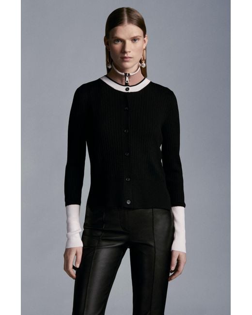 Moncler Black Ribbed-Knit Wool Cardigan
