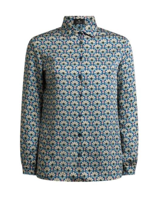Etro Blue Micro Palm Motif Twill Shirt