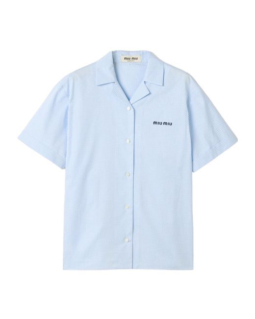 Miu Miu Blue Gingham-Check Logo-Embroidered Shirt