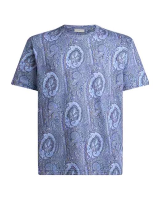 Etro Blue Floral Paisley Motif Crewneck T-Shirt for men