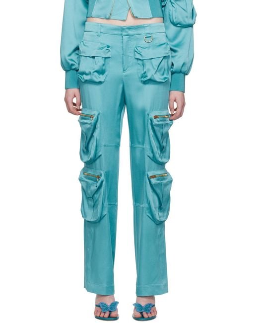 Blumarine Blue Straight Leg Satin Cargo Pants