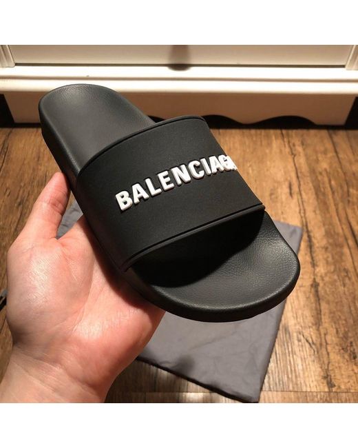 Balenciaga Black Logo Printed Pool Slides for men