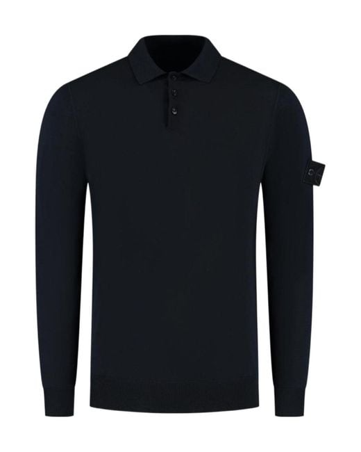 Stone Island Blue Logo Patch Knitted Polo Shirt for men