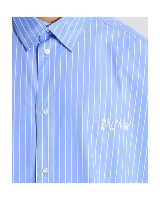 Balmain Blue Cotton Relaxed Stripe Logo Shirt for men