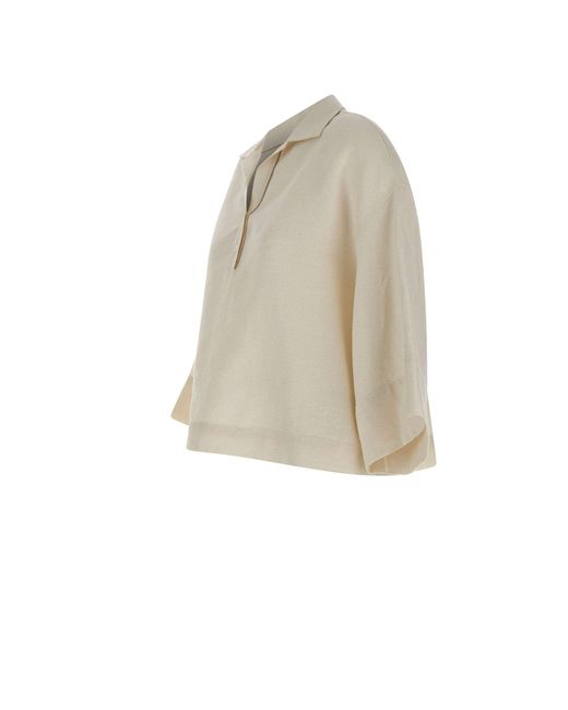 Eleventy Natural Wide-Sleeve V-Neck Top