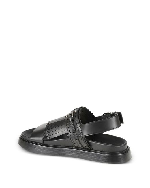 McQueen Black T-Bar Fringed-Detail Sandals
